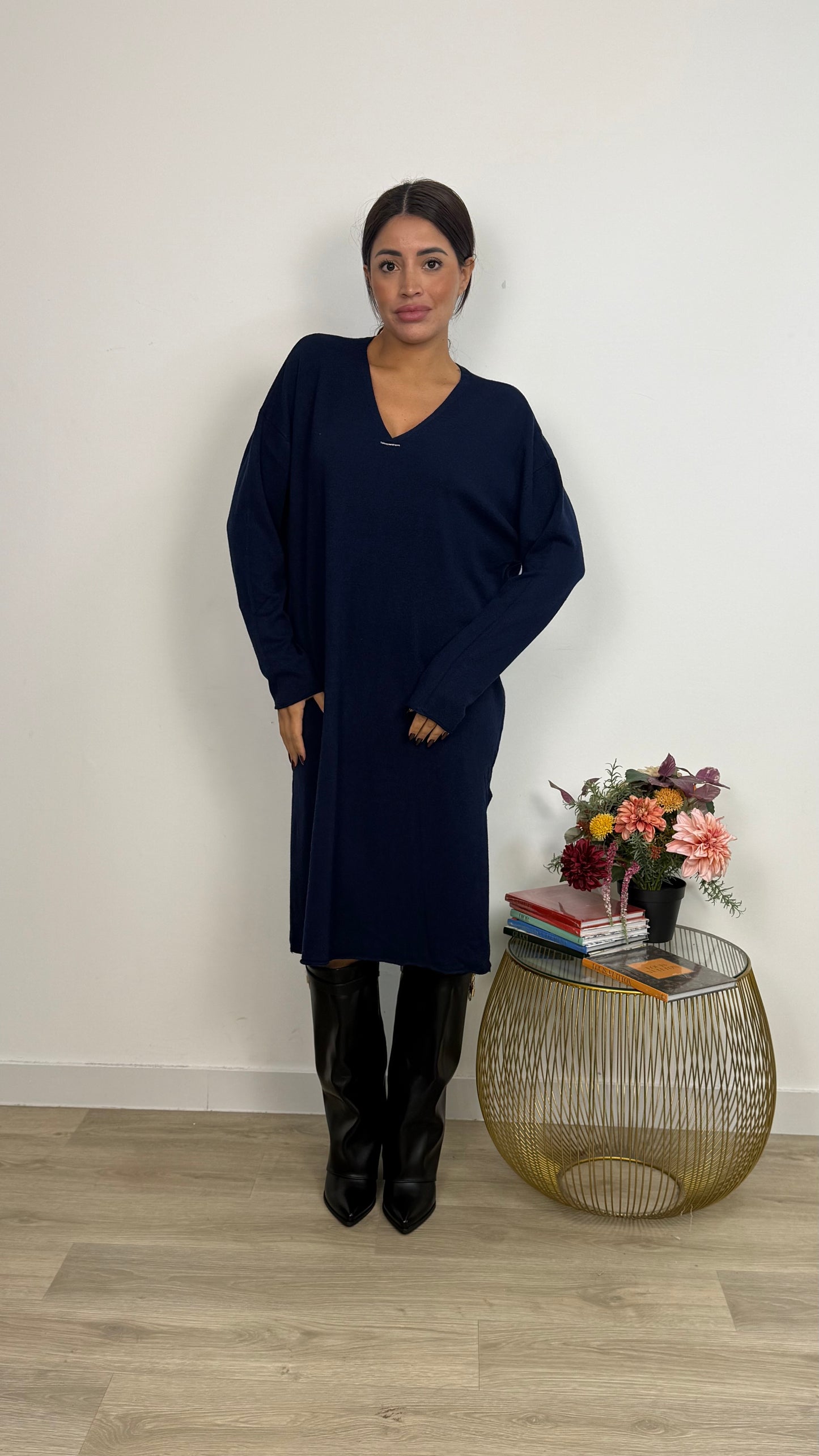 Vestito in Maglia a Maniche Lunghe con lo Spacco