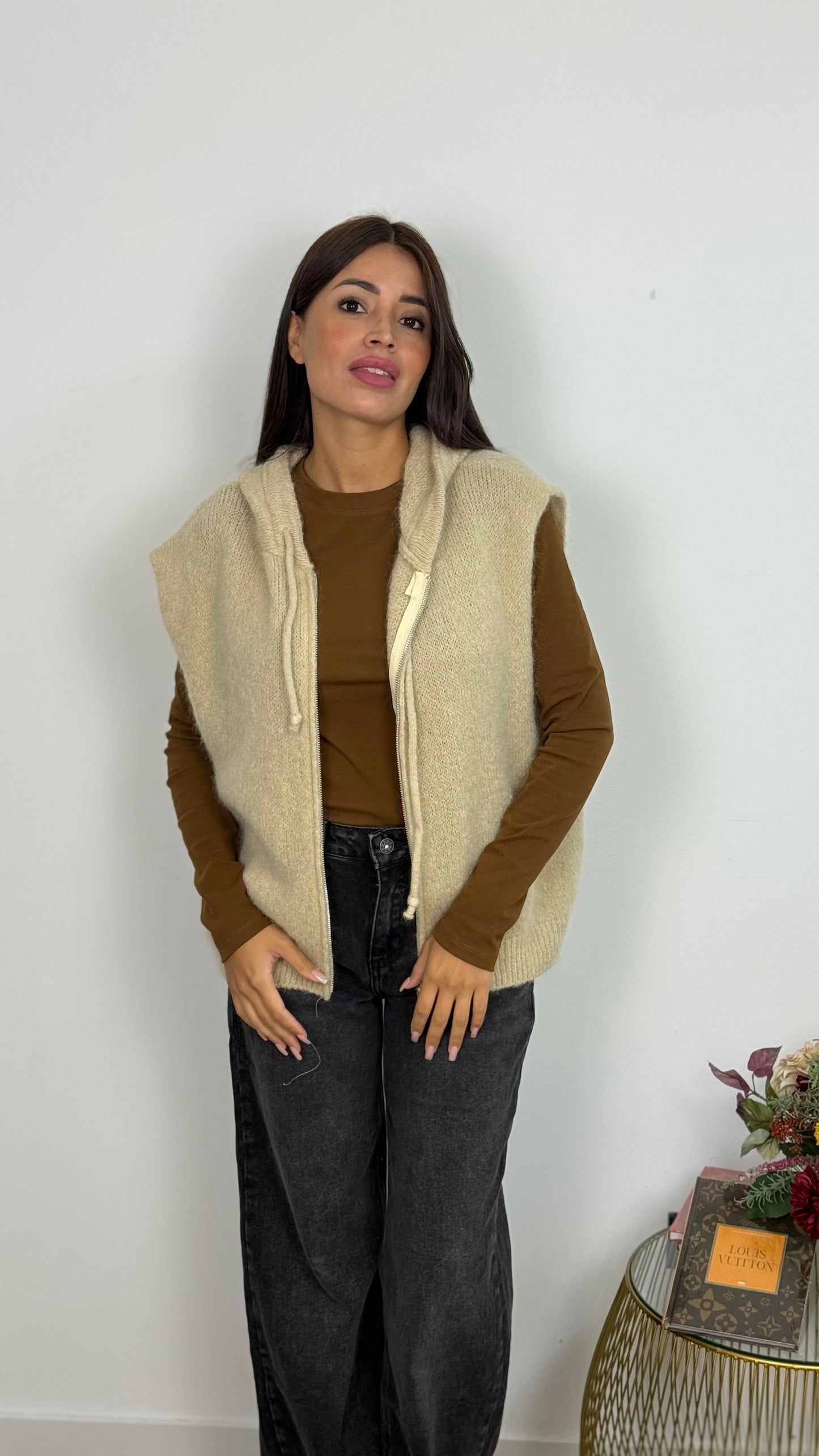 Gilet di Lana Con Cappuccio e Cerniera