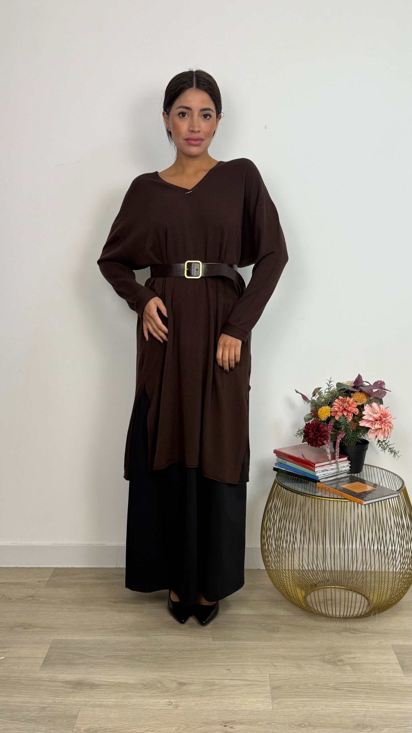 Vestito in Maglia a Maniche Lunghe con lo Spacco