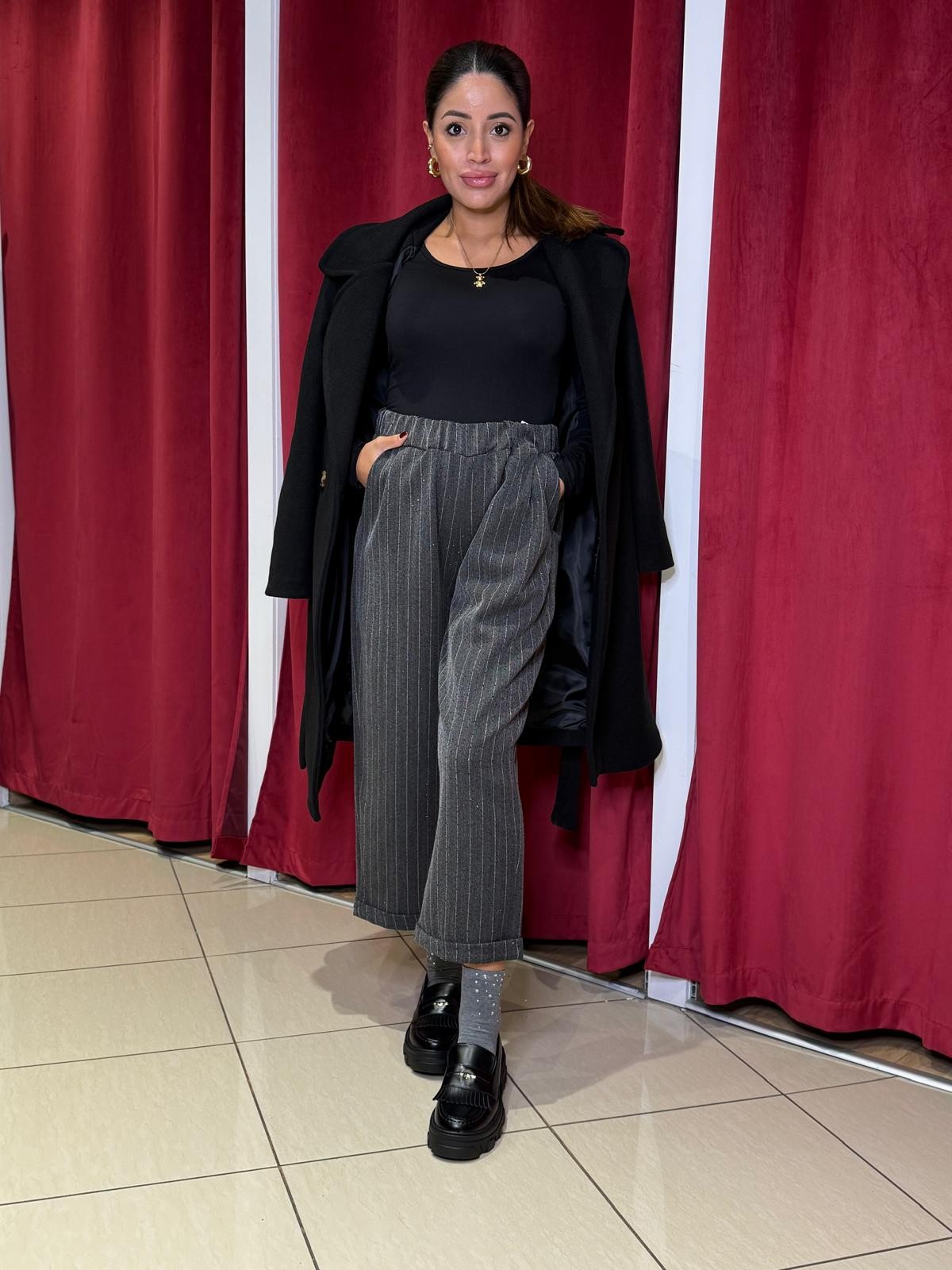 Pantalone gessato strass