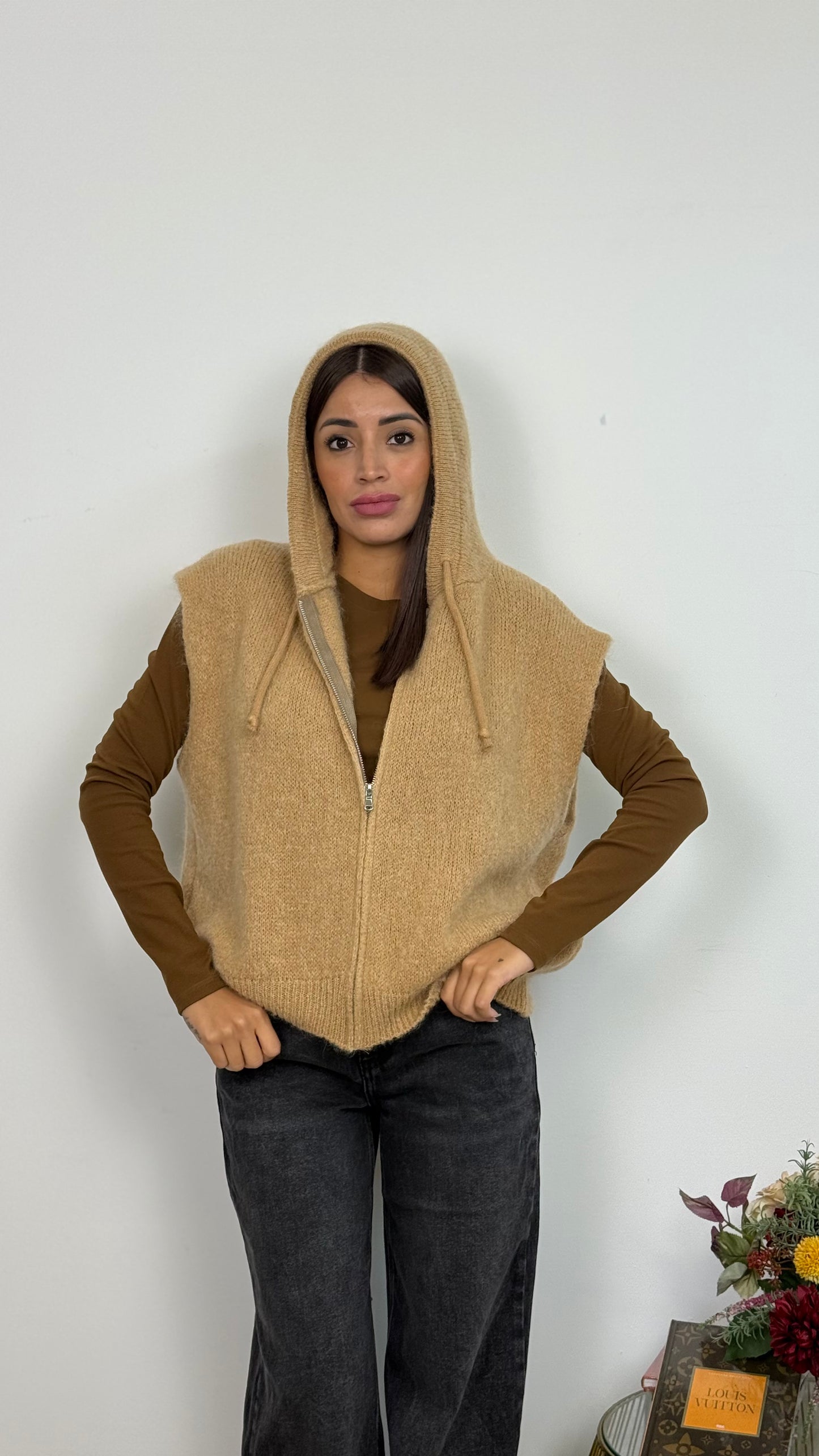 Gilet di Lana Con Cappuccio e Cerniera