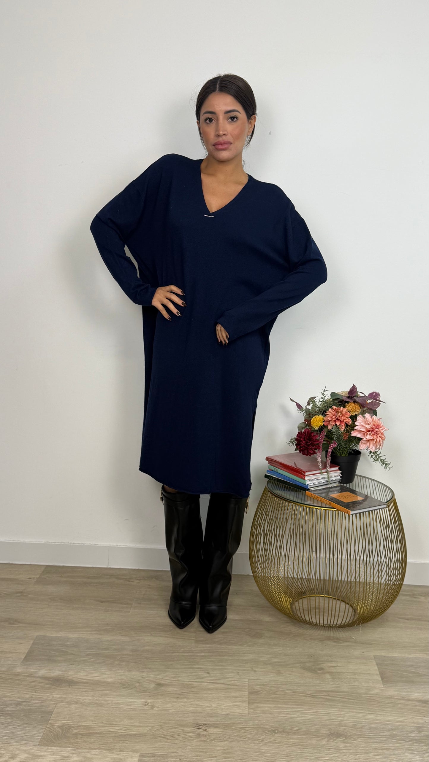 Vestito in Maglia a Maniche Lunghe con lo Spacco