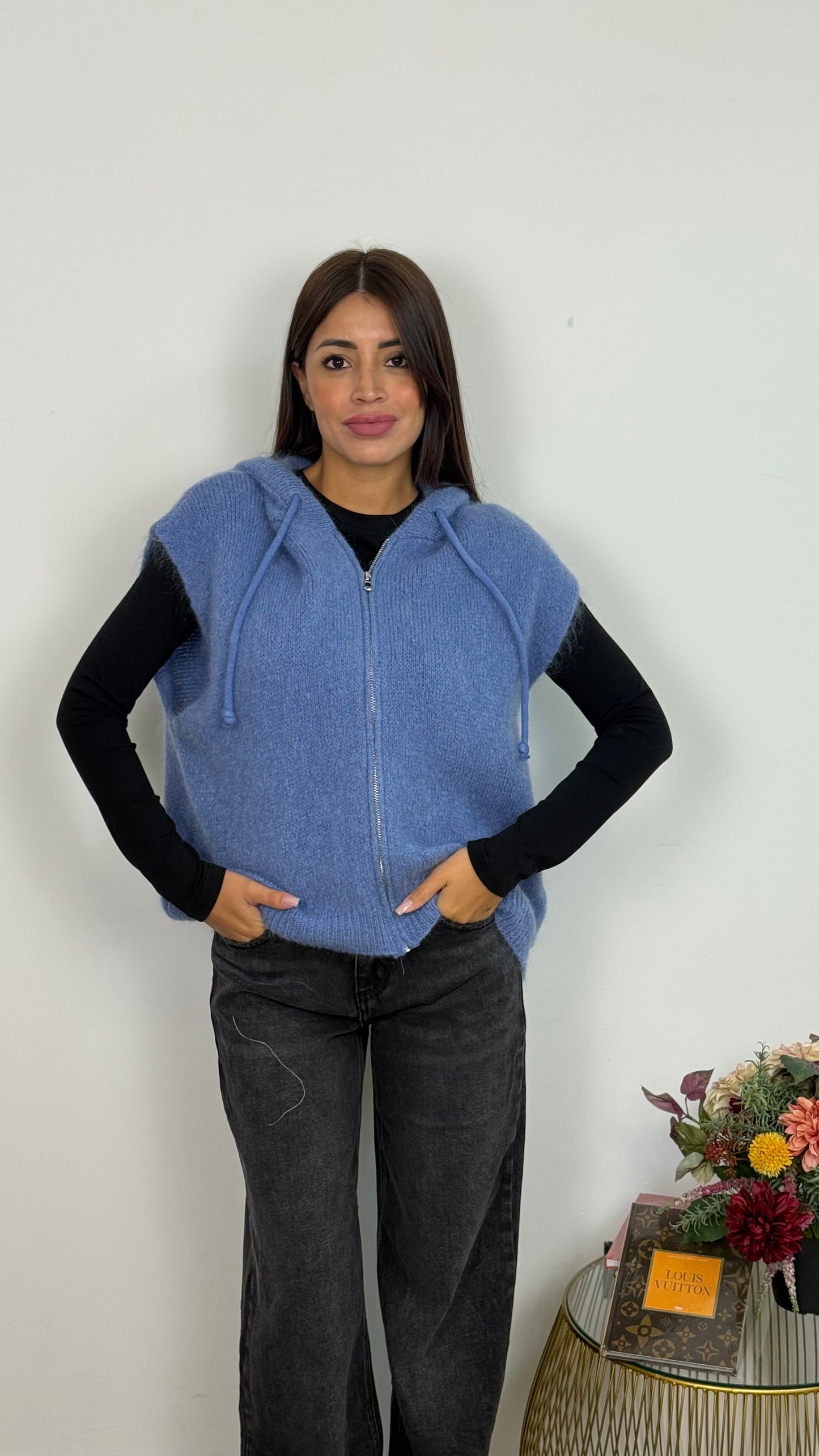 Gilet di Lana Con Cappuccio e Cerniera