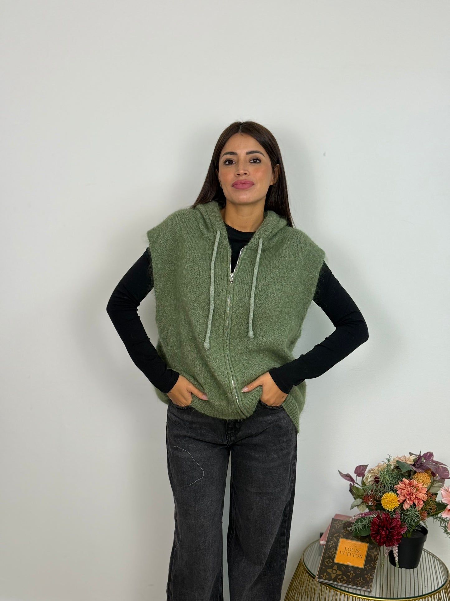 Gilet di Lana Con Cappuccio e Cerniera