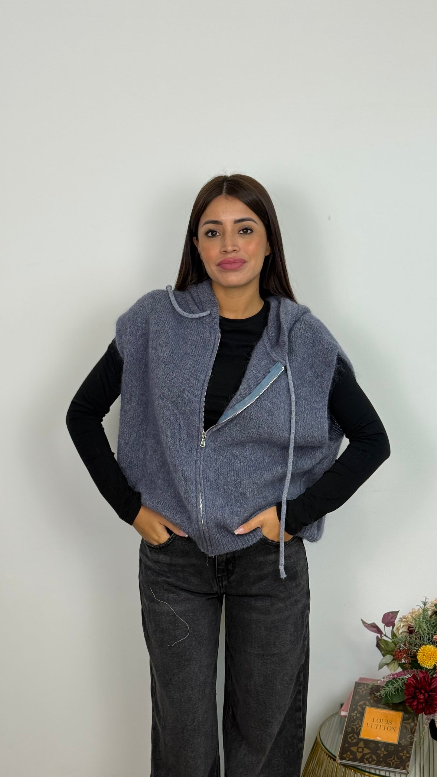 Gilet di Lana Con Cappuccio e Cerniera