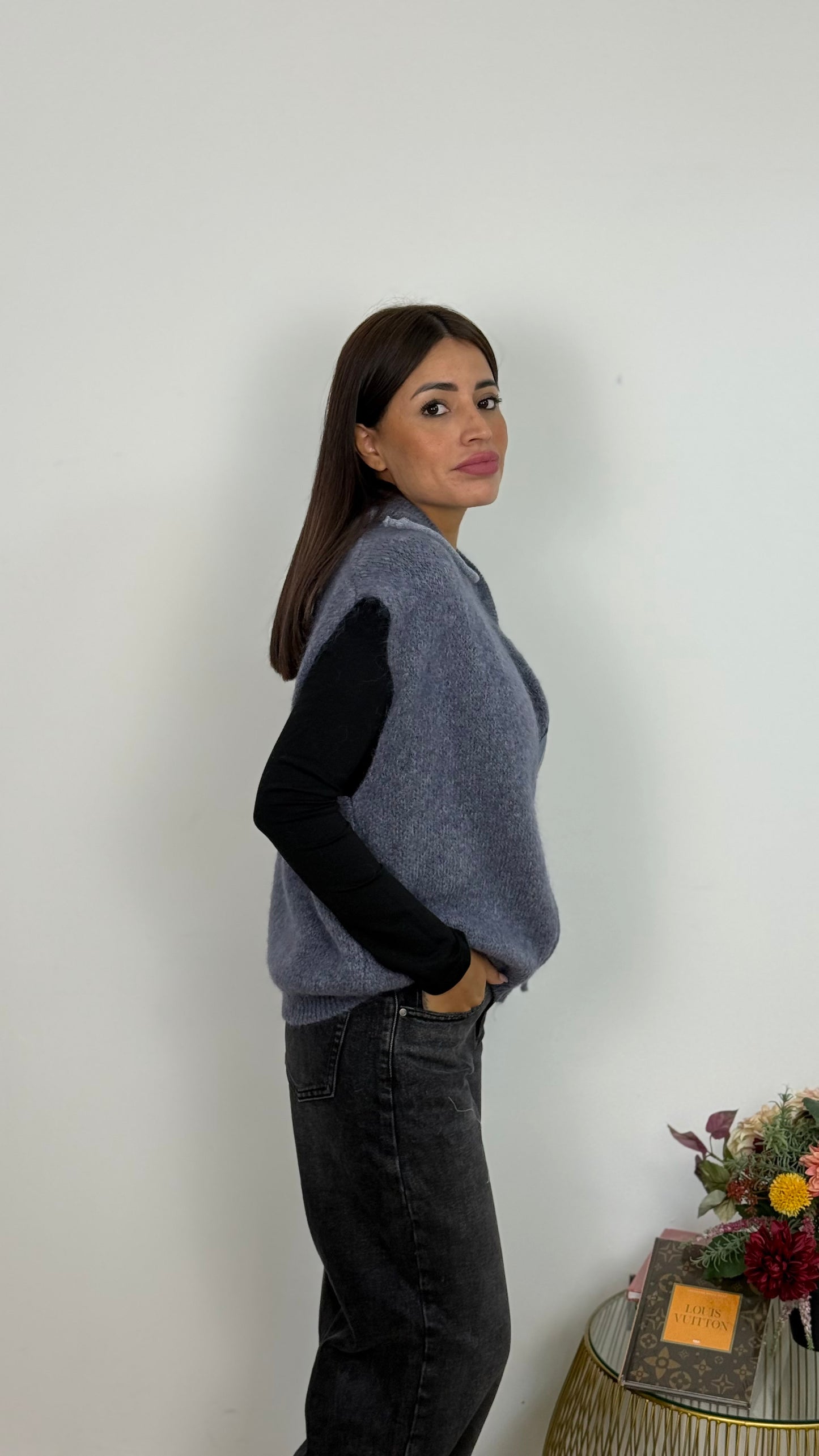 Gilet di Lana Con Cappuccio e Cerniera