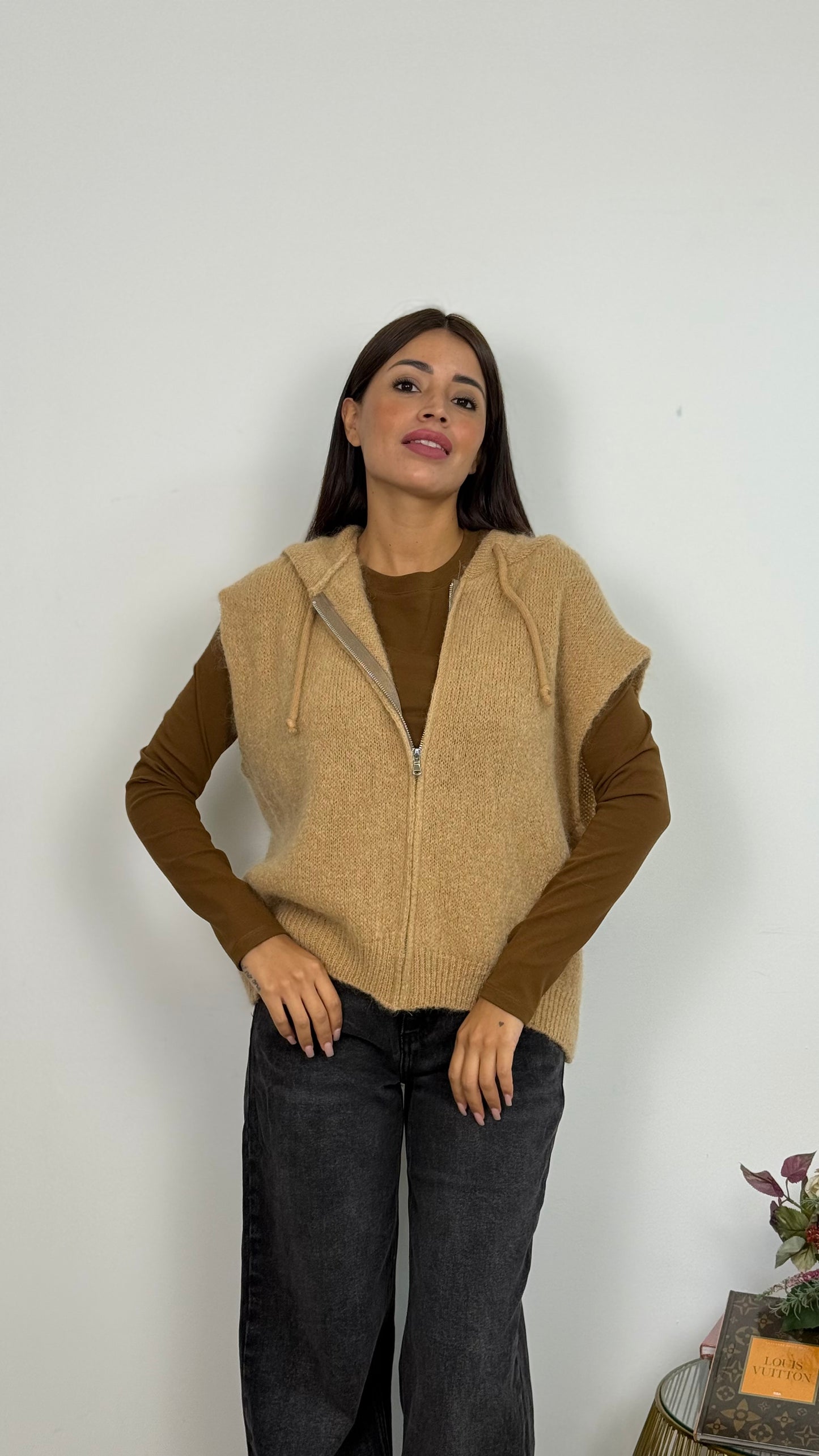 Gilet di Lana Con Cappuccio e Cerniera