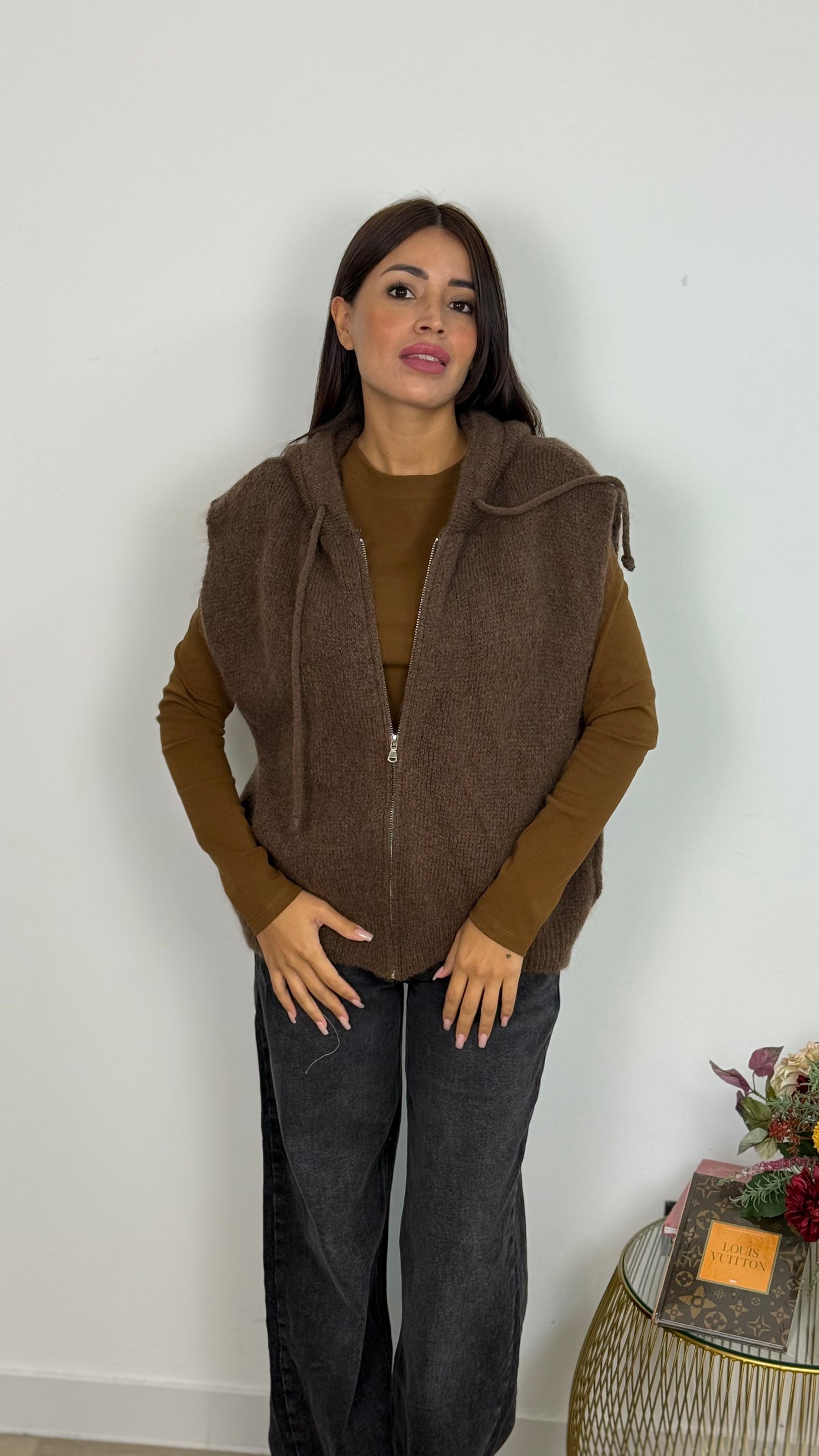 Gilet di Lana Con Cappuccio e Cerniera