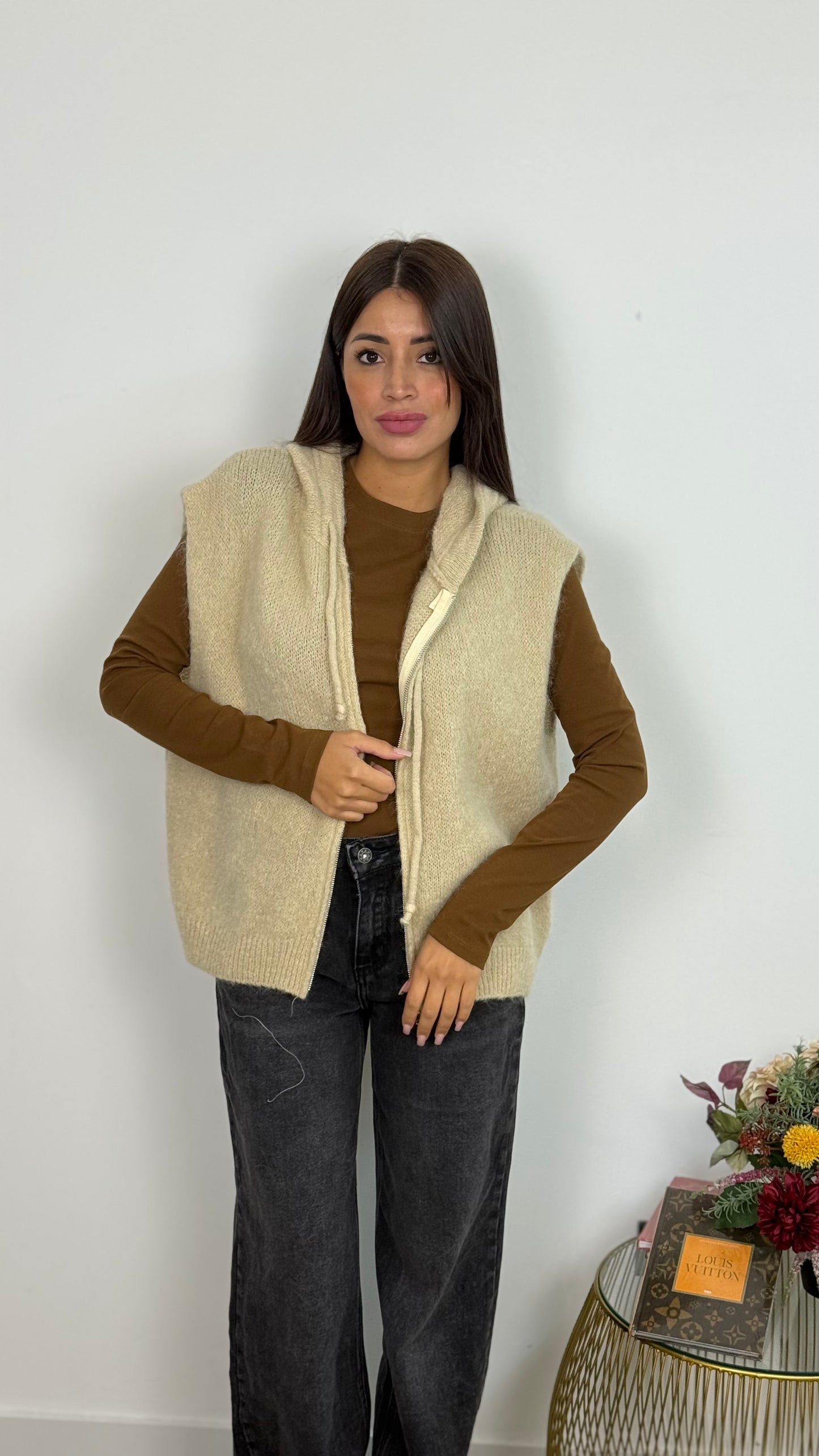 Gilet di Lana Con Cappuccio e Cerniera