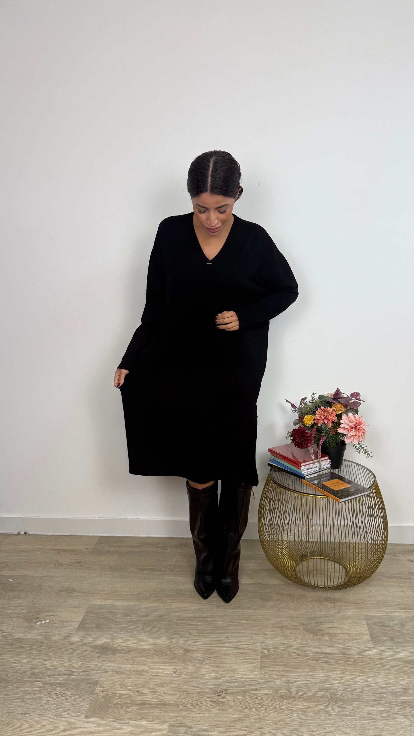 Vestito in Maglia a Maniche Lunghe con lo Spacco