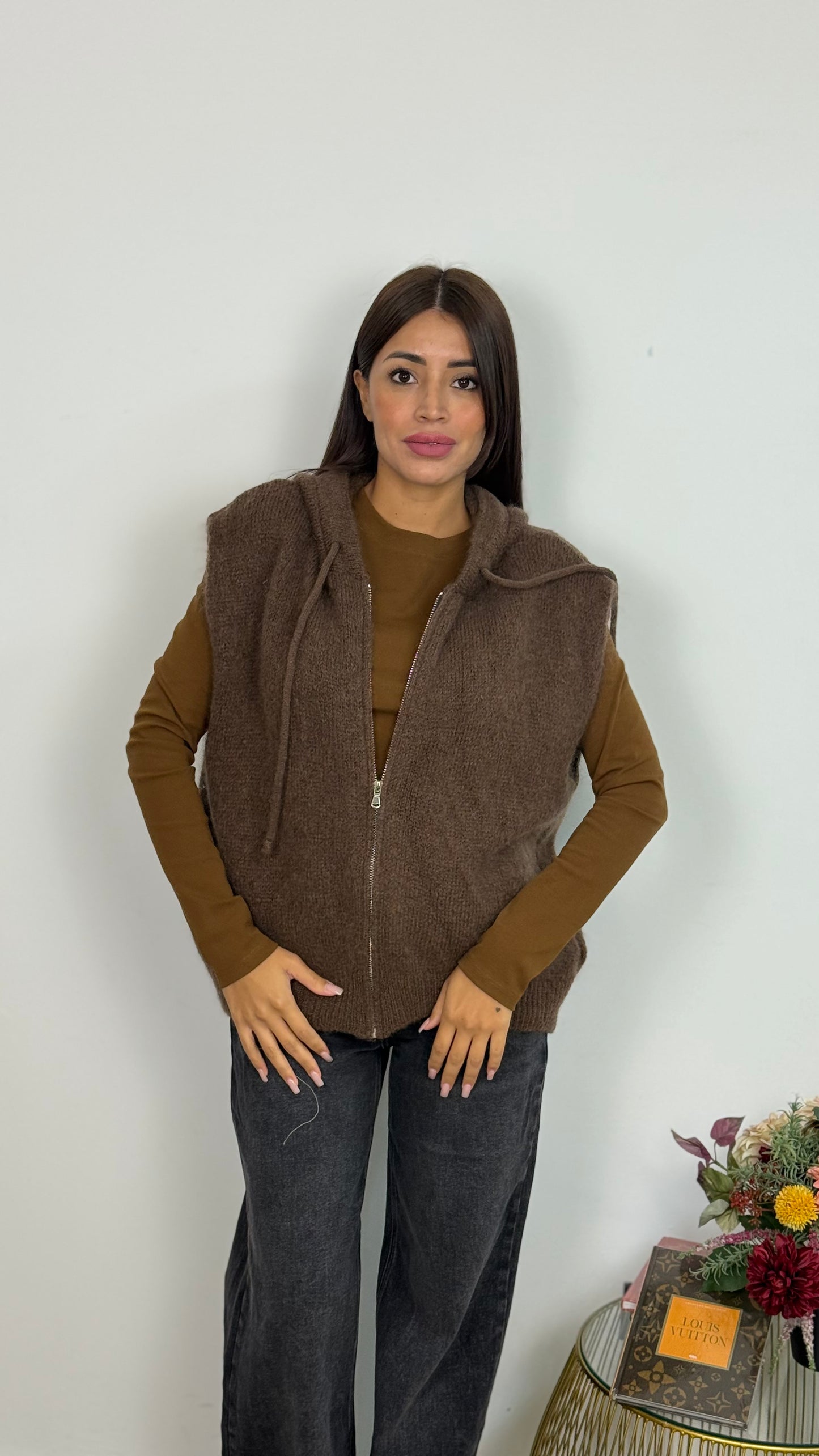 Gilet di Lana Con Cappuccio e Cerniera