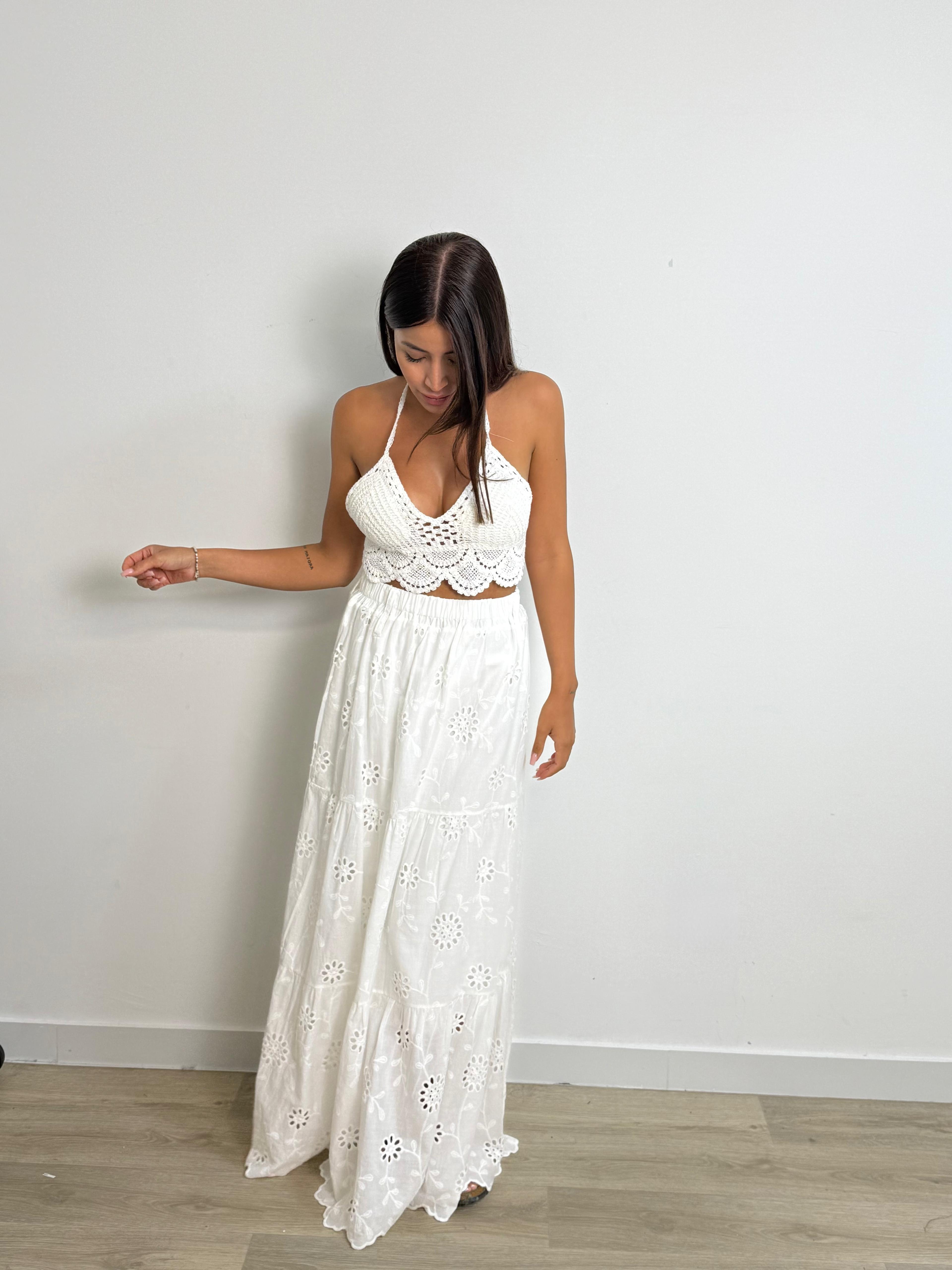 Gonna lungo a balze pizzo sangallo