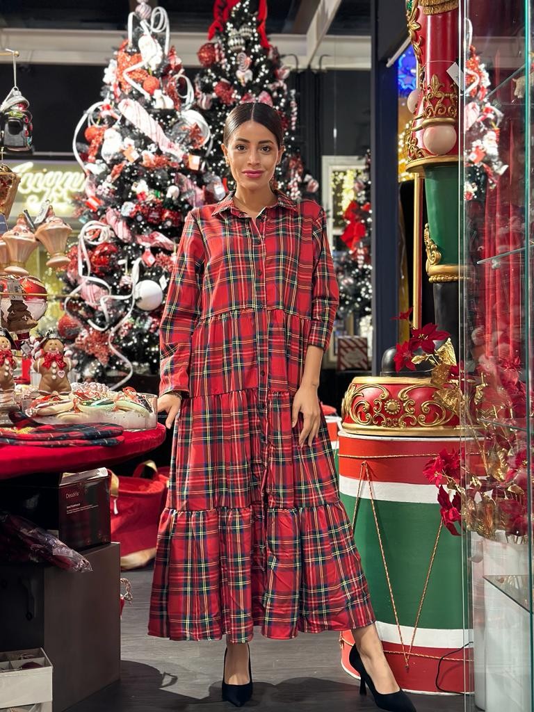 Abito camicia a balze scozzese lungo