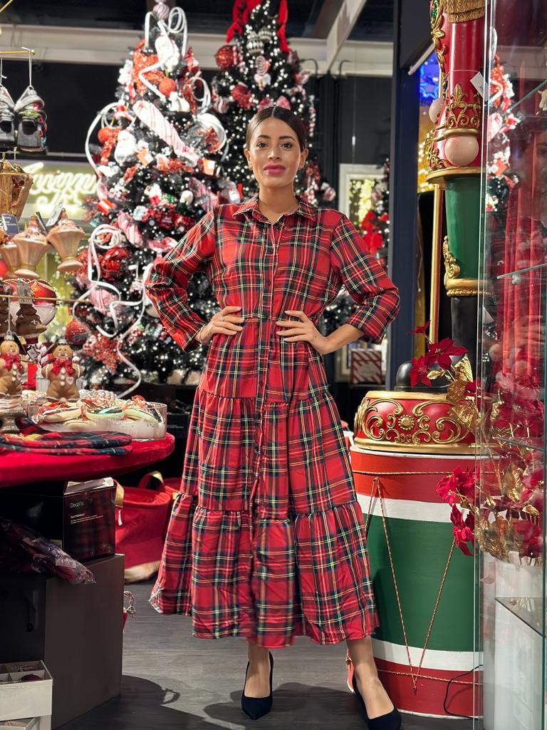 Abito camicia a balze scozzese lungo