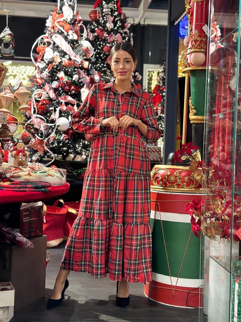 Abito camicia a balze scozzese lungo