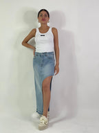 Gonna in denim con toppa lettera asimmetrico