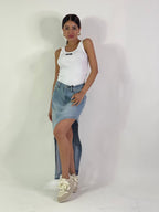 Gonna in denim con toppa lettera asimmetrico