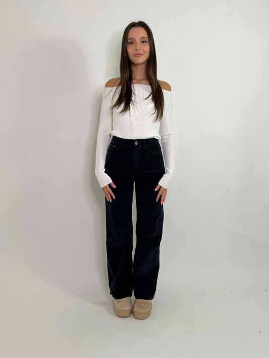 Jeans a palazzo blu in velluto