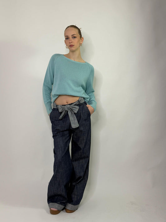 Jeans denim gamba ampia con risvolto