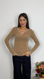 Maglietta Misto Cashmere con Scollo a V in Pizzo