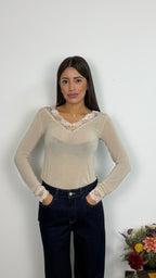 Maglietta Misto Cashmere con Scollo a V in Pizzo