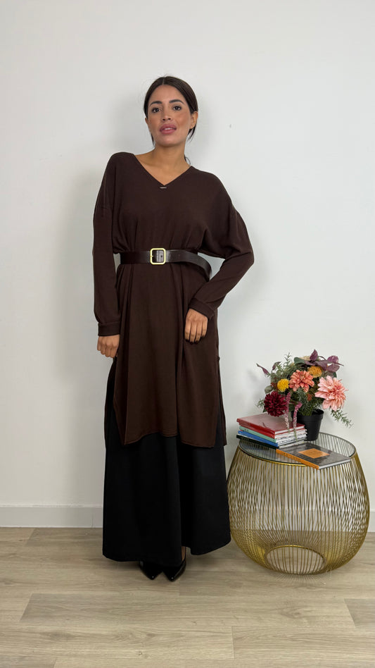 Vestito in Maglia a Maniche Lunghe con lo Spacco