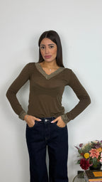 Maglietta Misto Cashmere con Scollo a V in Pizzo
