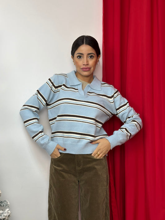 Maglia a Righe con Collo a Camicia