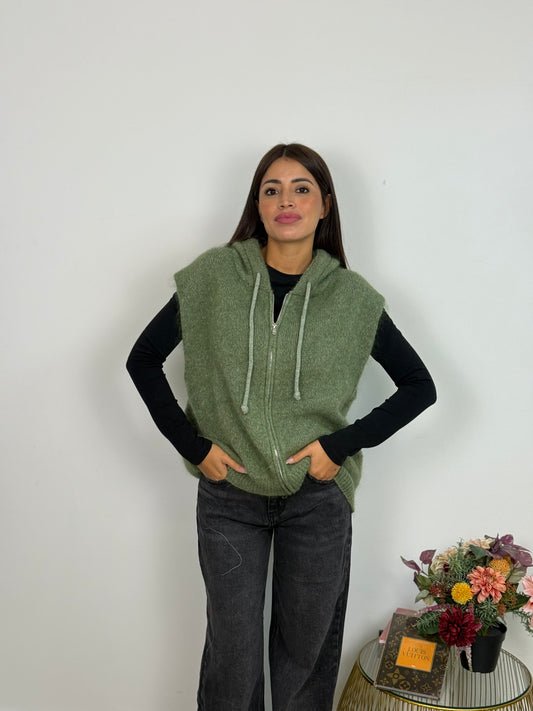 Gilet di Lana Con Cappuccio e Cerniera