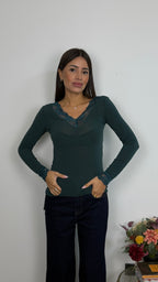 Maglietta Misto Cashmere con Scollo a V in Pizzo