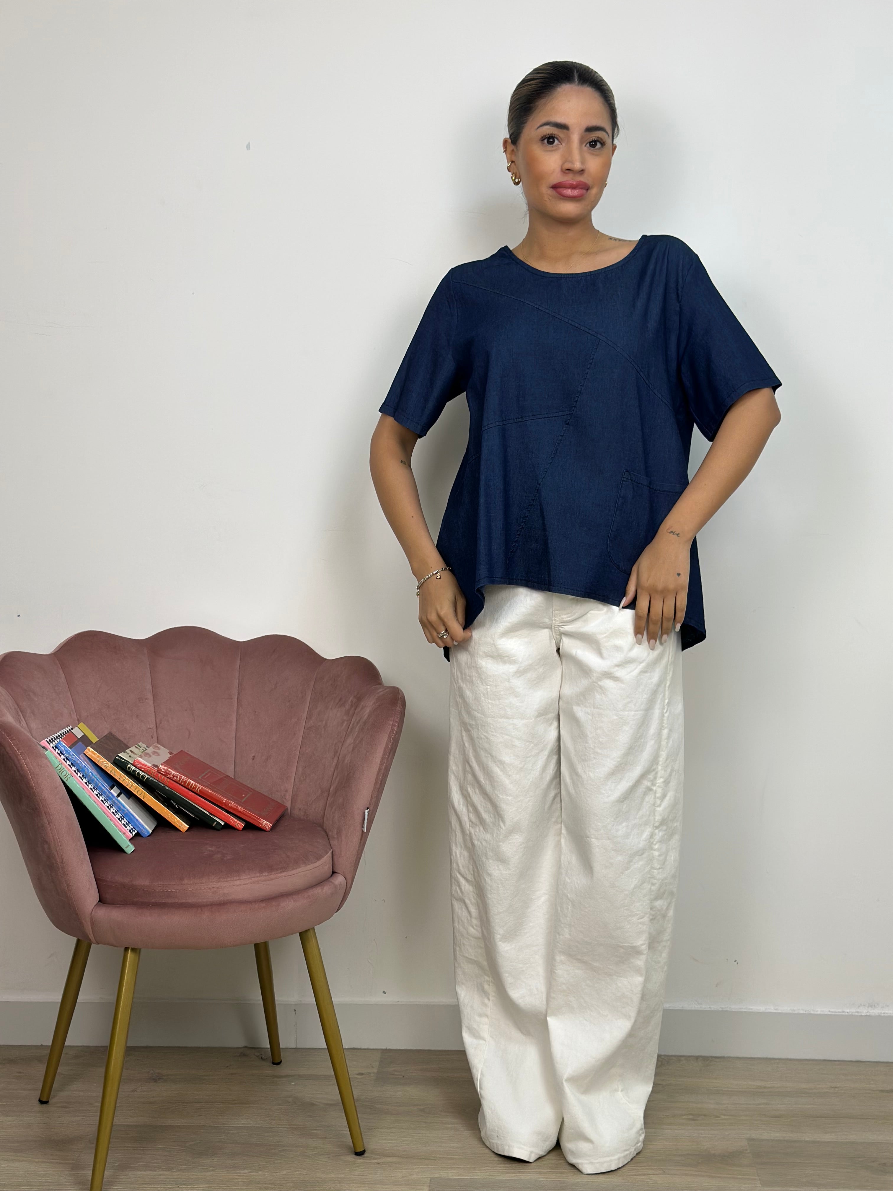 Maglia Denim Asimmetrica con Tasca Laterale