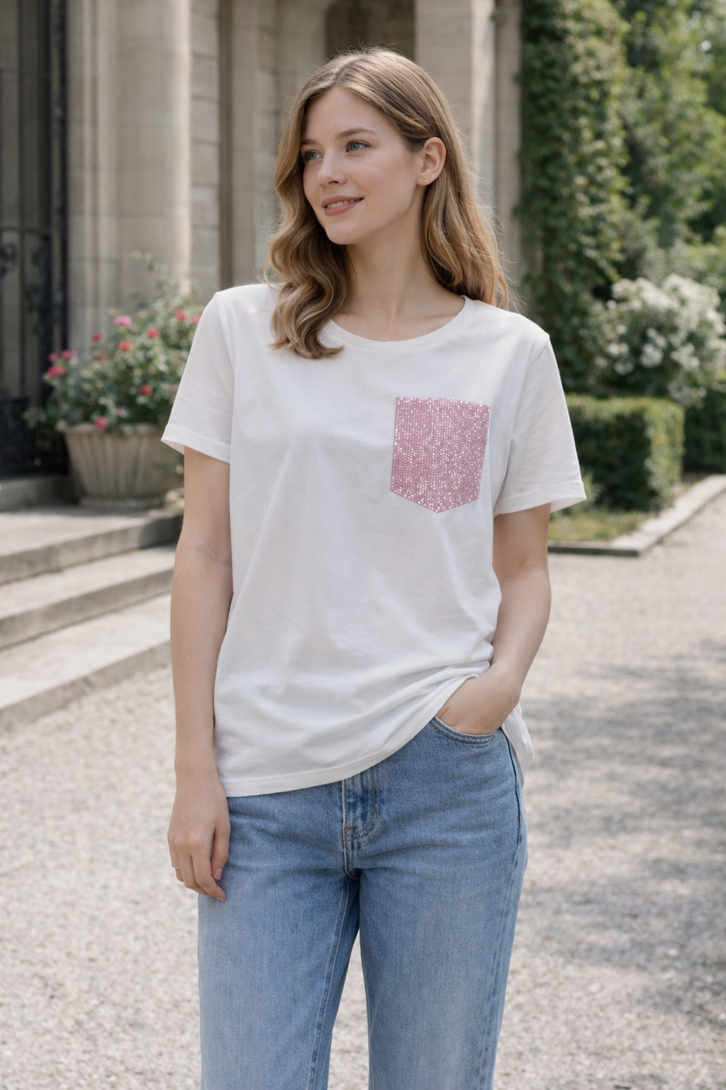 T-shirt over con taschino finto brillantinato